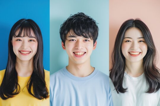 カラフルな背景の男女の3人（マッチングアプリ・婚活・転職・引っ越し）