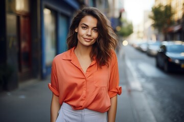 Fototapeta premium A woman in an orange shirt and white pants is standing on a city street