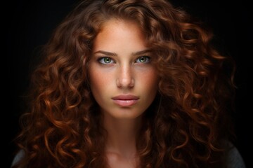 A woman with long, curly hair and green eyes