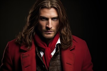 Obraz premium A man with long hair and a red coat is standing in front of a dark background