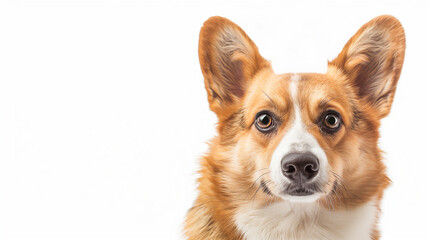 A charming close-up portrait of an adorable Corgi dog, showcasing its expressive eyes and perky ears against a clean white background. Perfect for pet-related content