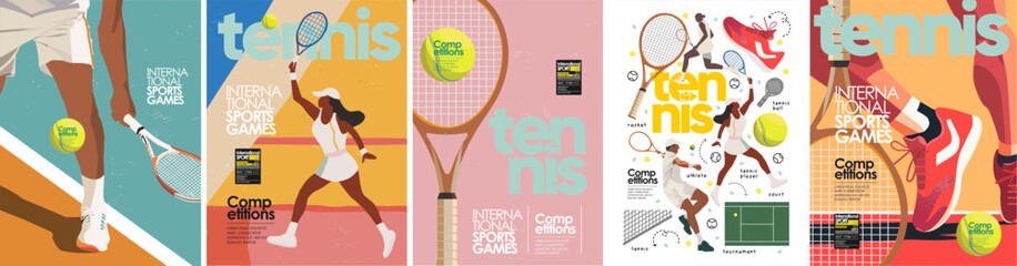 Tennis and international sport games. Vector abstract illustration of woman and man tennis player on tournament on court, tennis ball, racket and sneakers for poster, cover, flyer or background © Ardea-studio