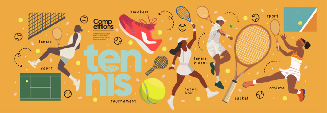 Tennis and international sport games. Vector abstract illustrations of woman and man tennis player on tournament, court, tennis ball, racket and sneaker. Isolated objects, elements and icons