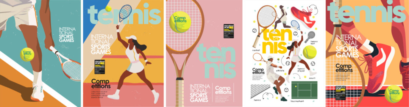 Tennis and international sport games. Vector abstract illustration of woman and man tennis player on tournament on court, tennis ball, racket and sneakers for poster, cover, flyer or background