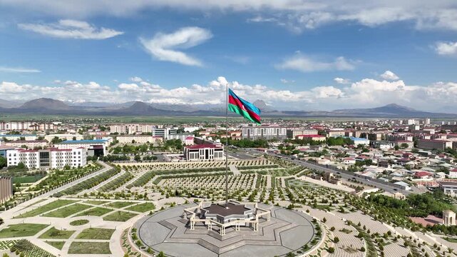 Nakhchivan city. Azerbaijan flag square. Drone shooting