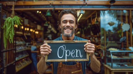 Obraz premium Small business owner proudly displaying open sign at local shop during daylight