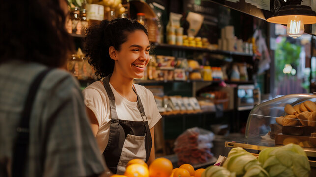 Specialty food store owner engaging with customer during busy afternoon