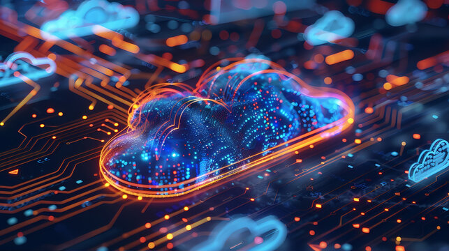 Cloud computing cybersecurity technology network. Cloud Ai server room, data cloud, data mining illustration, data stream, fog computing, emerging technology, data rack striped background