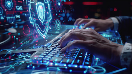 Fast typing on a computer keyboard, web patching, cybersecurity concept, MIs, futuristic keyboard, laptop keyboard illuminatio, data protection, digital radiography machine mastery focus, indicative