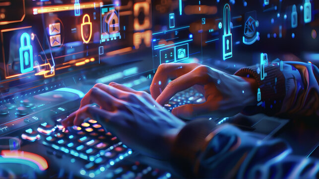 Fast typing on a computer keyboard, web patching, cybersecurity concept, MIs, futuristic keyboard, laptop keyboard illuminatio, data protection, digital radiography machine mastery focus, indicative