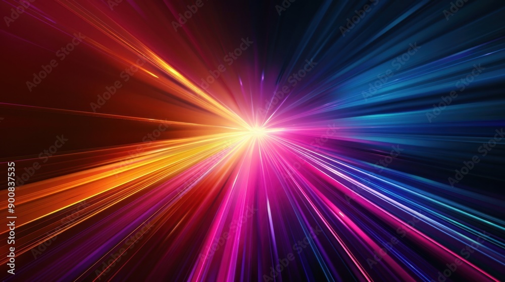 Wall mural abstract dark background of light with stripes of colorful rays moving from the center