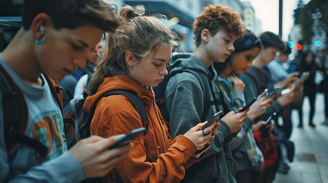 A group of teenagers engrossed with their smartphones stood on a bustling city street