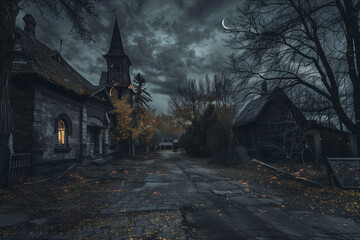 Ghost Town illuminated by moonlight on Halloween night with an eerie and ghostly presence