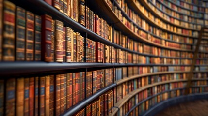  Curved bookshelf filled with vintage leather-bound books in a library, creating a warm and scholarly atmosphere