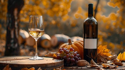 Autumn fall wine bottle nad glass wallpaper background