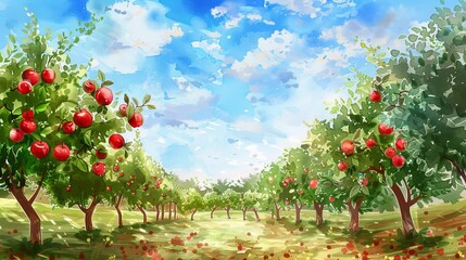 Watercolor art of a lush apple orchard under a vibrant sky. Concept of nature, fruit trees, harvesting, and agricultural landscape