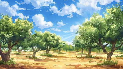 Fototapeta premium Watercolor illustration of a lush olive grove with ripe olives under a vibrant blue sky. Concept of agriculture, olive trees, Mediterranean landscape, nature