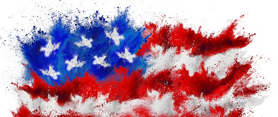 colorful flag of united states of america USA red blue stripes stars color holi paint powder explosion isolated on white background.american star spangled banner travel and tourism concept.