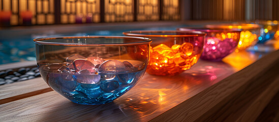  A row of colorful glass cups lined up on a table.