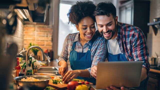 A man and woman cooking together in the kitchen on a laptop, AI - Powered by Adobe