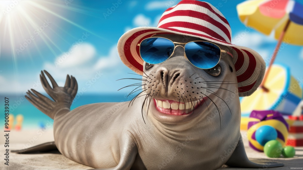 Sticker A seal wearing sunglasses and hat on the beach with a ball, AI