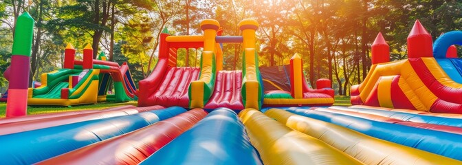 Fototapeta premium Bouncy rubber jumping castle house wallpaper background