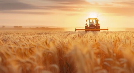 Fototapeta premium Wheat Field With Combine Harvester at Sunset