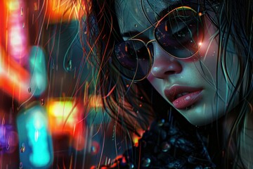 Closeup of a trendy woman with sunglasses reflecting vibrant city lights at night