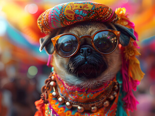 A cheerful dog adorned with a vibrant scarf and a stylish hat, exuding charm and playfulness.
