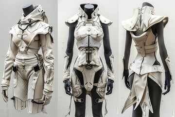 Modern, sleek fullbody armor exhibited on a mannequin showcasing innovative protective gear design