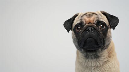 Obraz premium Charming portrait of an adorable pug with expressive eyes on a clean white background. Perfect for pet and animal-related content