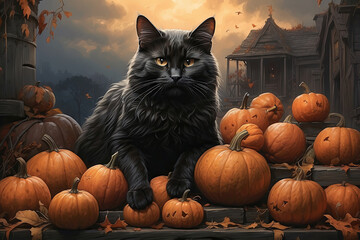a black cat sitting on top of a pile of pumpkins 
