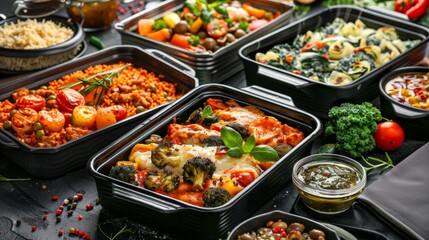 Fototapeta premium Many dishes in heated containers wallpaper background