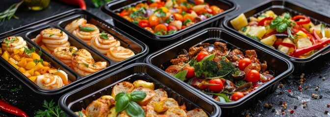 Fototapeta premium Many dishes in heated containers wallpaper background