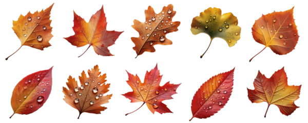 autumn leaves collection with waterdrops: birch, sweetgum, quaking aspen, sugar maple, japanese maple, oak, dogwood, ginkgo biloba, cypress