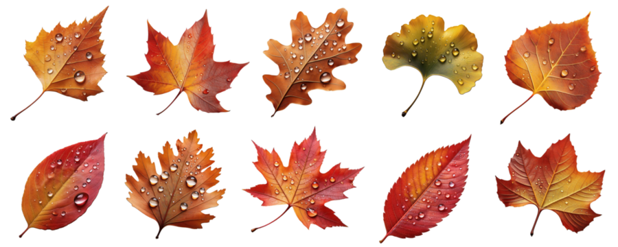 autumn leaves collection with waterdrops: birch, sweetgum, quaking aspen, sugar maple, japanese maple, oak, dogwood, ginkgo biloba, cypress