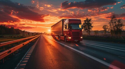 Futuristic Truck Speeding on Highway at Sunset