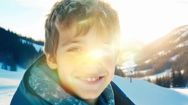A teenage boy grins with excitement his flushed from the cold wind and adrenaline. In the distance a row of ski lifts and snowy ski runs can be seen.