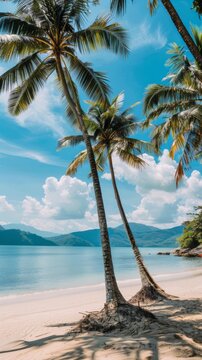 Beach scene with palm trees and sea in the background --ar 9:16 Job ID: 6611d492-2dc7-4496-8275-ef94e6b8c7e7