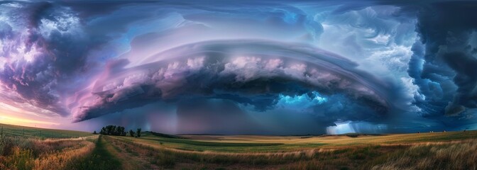 Naklejka premium Thunderstorm rain storm above farmland landscape wallpaper background
