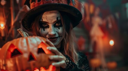 Fototapeta premium Woman wearing witch halloween costume wallpaper background