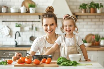 Happy smiling mother and daughter in kitchen interior, woman and little toddler girl, parent and female child or kid wearing apron, family home cooking, preparing a meal together