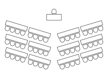 Auditorium seatings plan. Classroom seats arrangment. Schema of workspace in lectorium, meeting or conference, training or seminar business event. Desks and chairs icons top view. Vector illustration