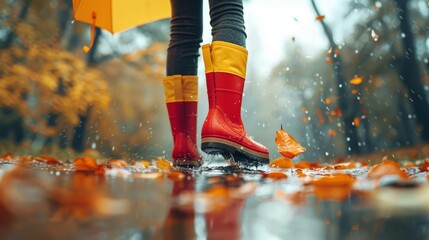 Autumn rain boots and umbrella. Rainy weather 