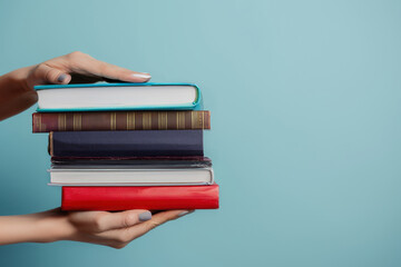 Woman hands holding pile of books over blue background. Education, reading, back to school, university, studies, self-learning, book swap, hobby, relax time