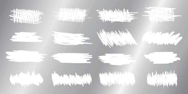 Scraped textures on silver scratchcard surface. Collection of scraping effects on scratch card, game ticket, lotto or sale coupon isolated on metallic background. Vector illustration.