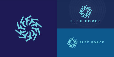 Abstract spiral initial letter F or FF in blue color isolated on multiple background colors. The logo is suitable for sports recovery product logo design inspiration templates.