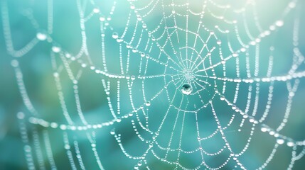 Spider web close up with dew drops on blue teal background. 