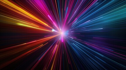 abstract dark background of light with stripes of colorful rays moving from the center