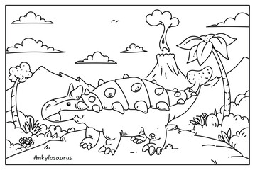 Black and white outline dinosaur vector illustration, Ankylosaurus.